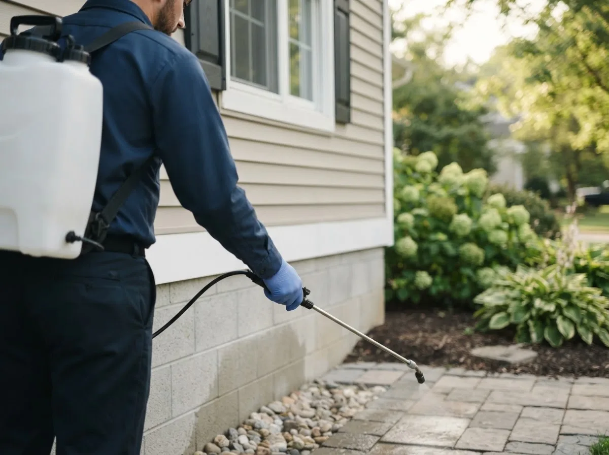 Pest control technician inspecting a home in Wildorado, TX